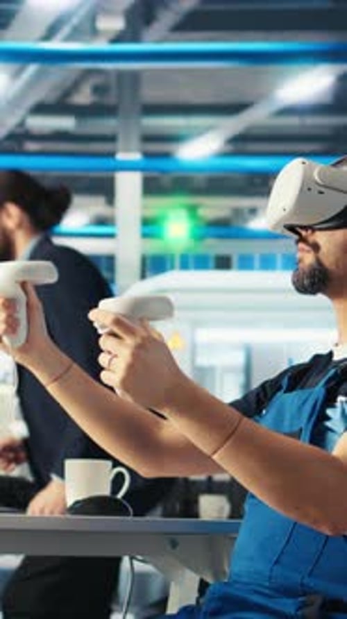 Vertical Video Photovoltaics Factory Engineer Analyzing Data Using VR Headset