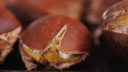 Grilled Fresh Chestnut Supermarket Food Grill Oven Roasted Chestnuts with Sliced Peel on Wooden