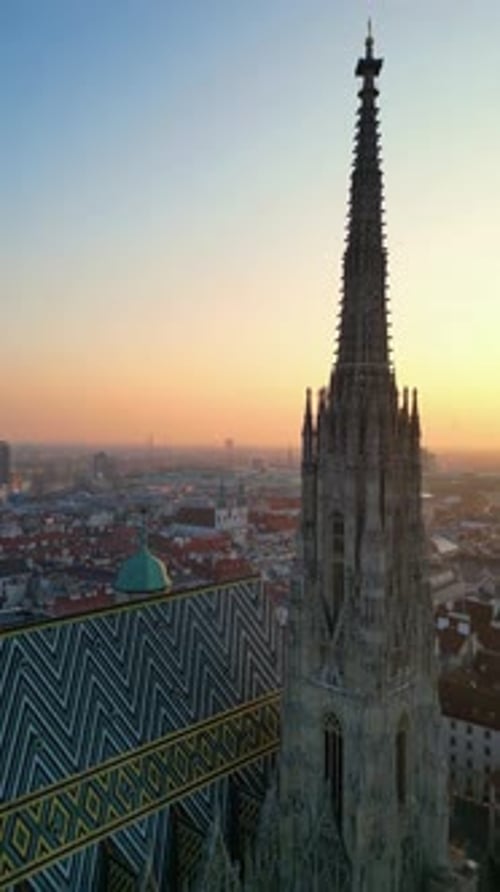 vertical Vienna's St. Stephen's Cathedral at sunrise aerial view
