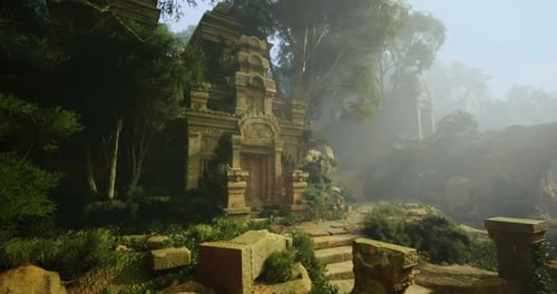 Historic Temple Ruins Shrouded in Mist Among Dense Forest Landscape