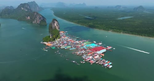 Panoramic View Of Koh Panyee Fishing Village In Phang Nga Province, Thailand. Aerial Drone Shot