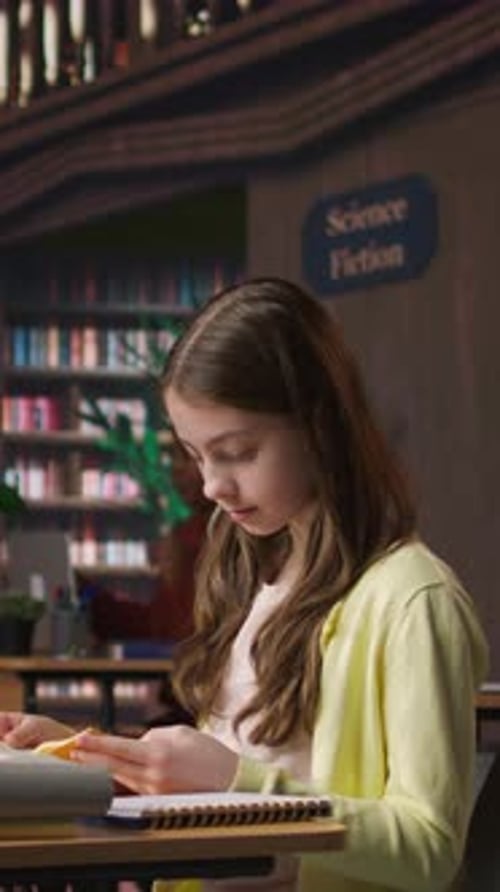 Vertical Video Focused Schoolgirl Reading a Book in the Library for Mandatory Literature