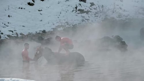 Man Climbing Horse to Jump into Steaming Winter Hot Spring