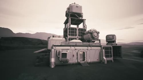 Colonist Base Established on a Distant Planet with Rugged Terrain in Twilight
