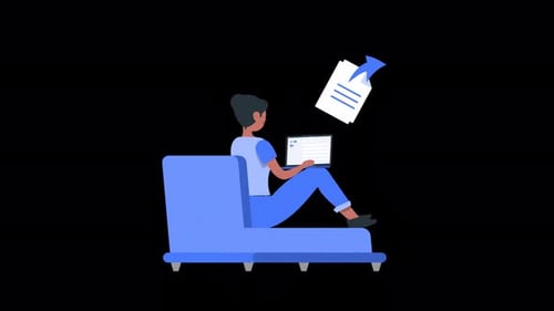 Flat Design Animation of Person Working on Laptop with Document Transfer