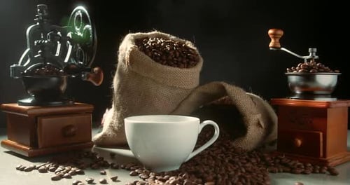 Coffee Beans and Vintage Grinders Still Life
