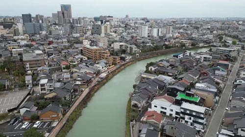 Aerial video of beautiful view of Kamu or Kamogawa river in Kyoto city, Japan