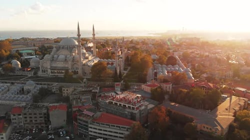 Istanbul aerial cityscape, Süleymaniye Mosque at color full sunset, Turkey