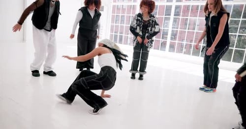 Art, Breakdance and hip hop with people in studio for choreography, rehearsal or training together