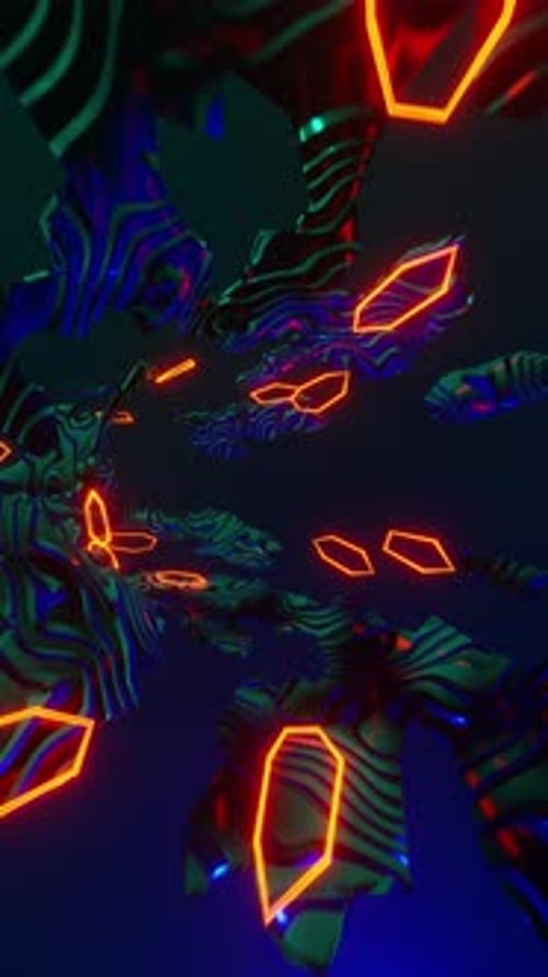 Abstract circular tunnel of neon lights in dark with zebras. looped animation