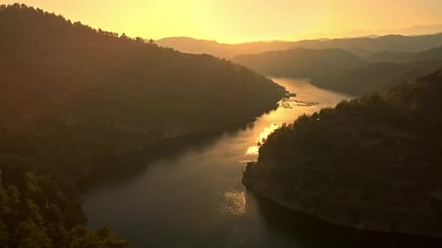 Aerial view of the dam at sunset