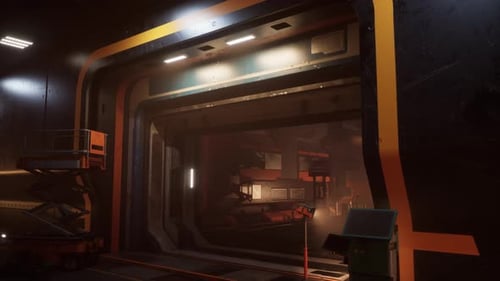 Interior de paredes metálicas de una estación espacial con iluminación tenue