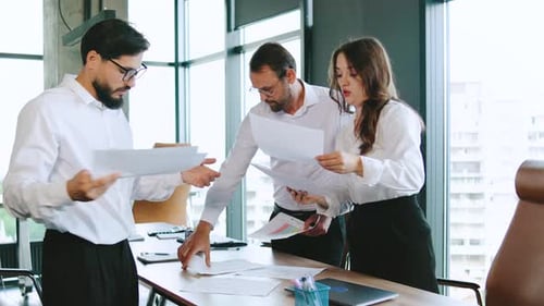 Three Colleagues Discuss and Review Project Papers at a Table in a Contemporary Office Surrounded By
