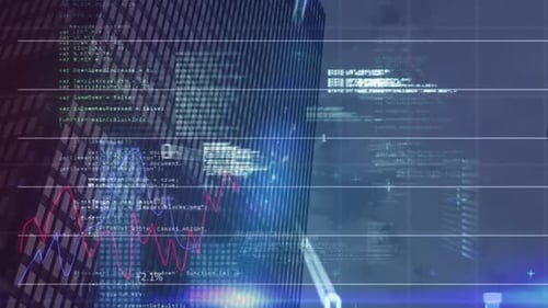 Financial data processing over grid network against tall buildings in background