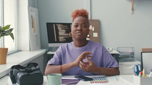 POV of African American Female Software Developer Speaking at Camera