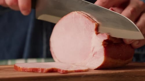 Woman Slices Ham Bacon Meat Thick Pieces on a Wooden Board Beef or Pork Jamon Chef Cooking Breakfast