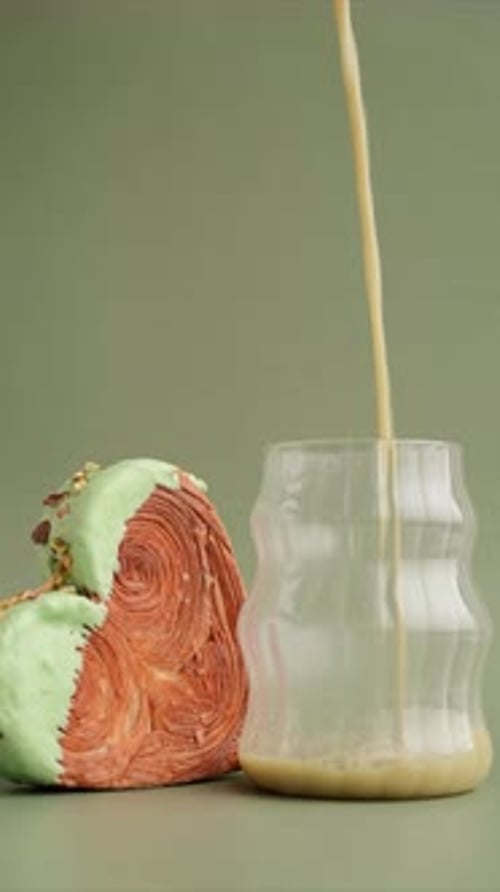 Stop Motion of Green Tea Matcha Latte Cappuccino Beverage Morning Breakfast Gift Idea Heart Shaped