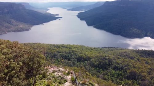 Shot of a lake in between rocky mountains.