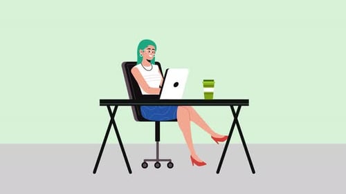 Woman Working At Office Laptop Animation