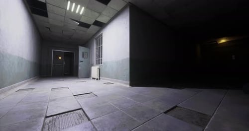 Mysterious Dimly Lit Hallway in Abandoned Building at Night Time