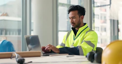 Research, happy man or architect on laptop in office for renovation, engineering