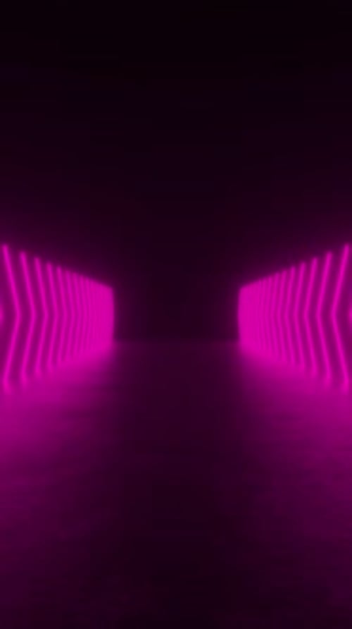 Looping 3D animation of glowing neon tubes creating a tunnel of lights in a dimly lit concrete room.