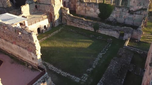Courtyard ruins of an ancient stone monastery in Moreruela, Zamora, Spain. XII-XIII century buiding