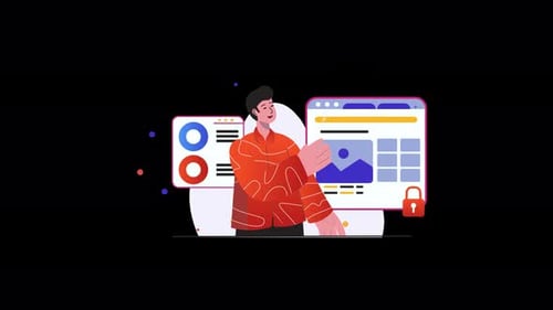 Flat Design Animation of Person Interacting with Data Interfaces