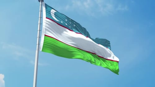 Uzbekistan National Flag Waving in Realistic Slow Motion Loop