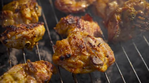 Délicieuse friture de poulet au barbecue sur un gril écologique, cuisses biologiques rotatives avec cuillère sur bois