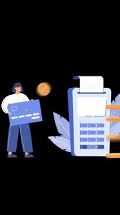 Young Girl Getting Cashback From Bank Credit Card Vertical Alpha Channel