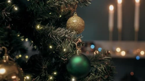 Festive Christmas Tree Ornaments And Twinkling Lights