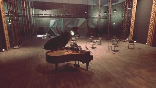 Empty Concert Stage with Grand Piano Tracking Shot