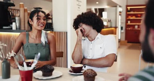 People, restaurant and talking with coffee, laughing and care in friendship for social gathering