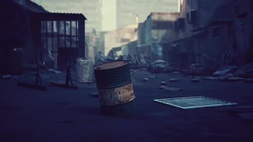 Gritty Abandoned Urban Street Background Animation with Rusty Barrel