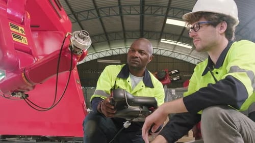 The Engineers test and control robotic arm in mechanical manufacturing factory.