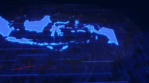 Futuristic Digital Map of Indonesia with Data Glitch Overlay