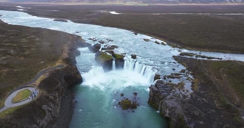 Breathtaking Aerial View of Godafoss Waterfall in the Icelandic Wilderness