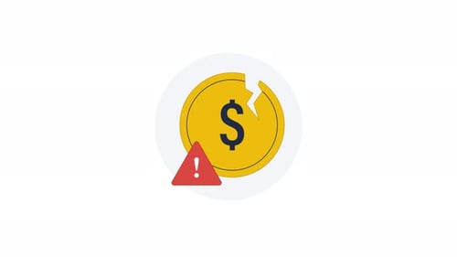 4k Broken Dollar Coin with Warning Sign. Financial Crisis Concept Animation Video