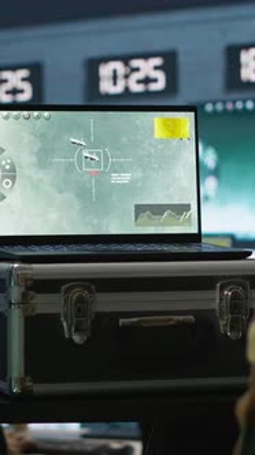 Vertical Video Military Expert in Base of Operations Using Radar on Notebook