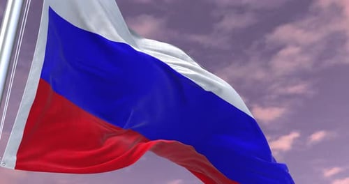 Realistic 3D Russian Flag Waving Against Sky Background