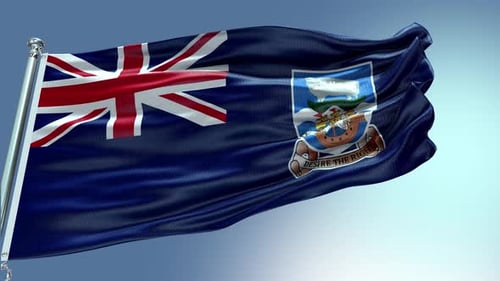 Falkland Islands National Flag Waving in Wind Against Blue Sky