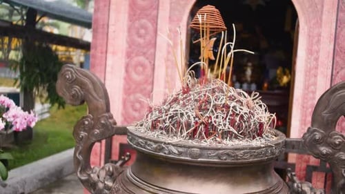 Aromatic Steams From Burning Incense Sticks In Front Of An Altar At Buddhist Temple In Tam Coc, Viet