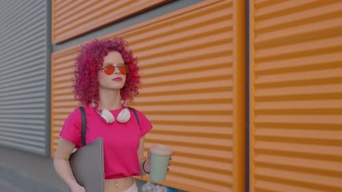 A Pink Curly Woman is Walking to Work or College Casual Freelancer Outdoors Coffe Break Education