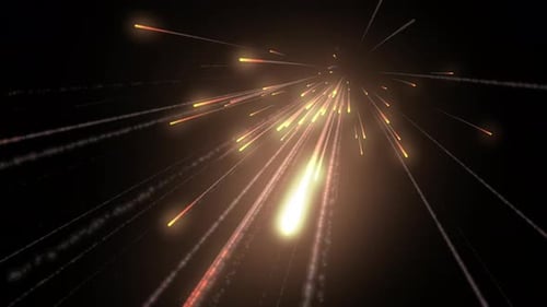Fast glowing meteor shower toward camera, transparent background
