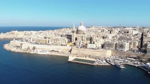 Scenic drone panorama of Valletta city, capital of Malta