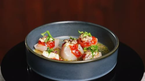 Fresh Scallops Dish in a Blue Bowl