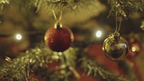 Christmas Tree Decorations and Bokeh Lights at Night