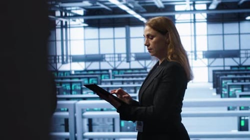 Woman Working in Data Center Housing Advanced Data Storage Infrastructure