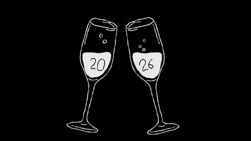 Verres à champagne animés dessinés à la main grillant avec texte 2026 sur fond transparent